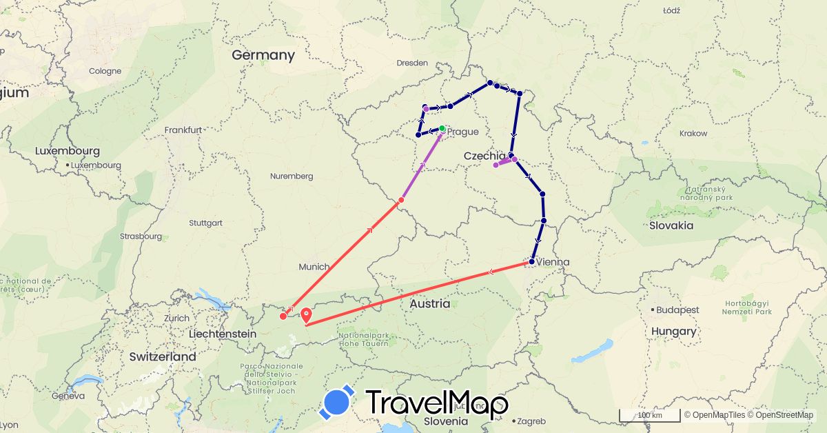 TravelMap itinerary: driving, bus, train, hiking in Austria, Czech Republic (Europe)